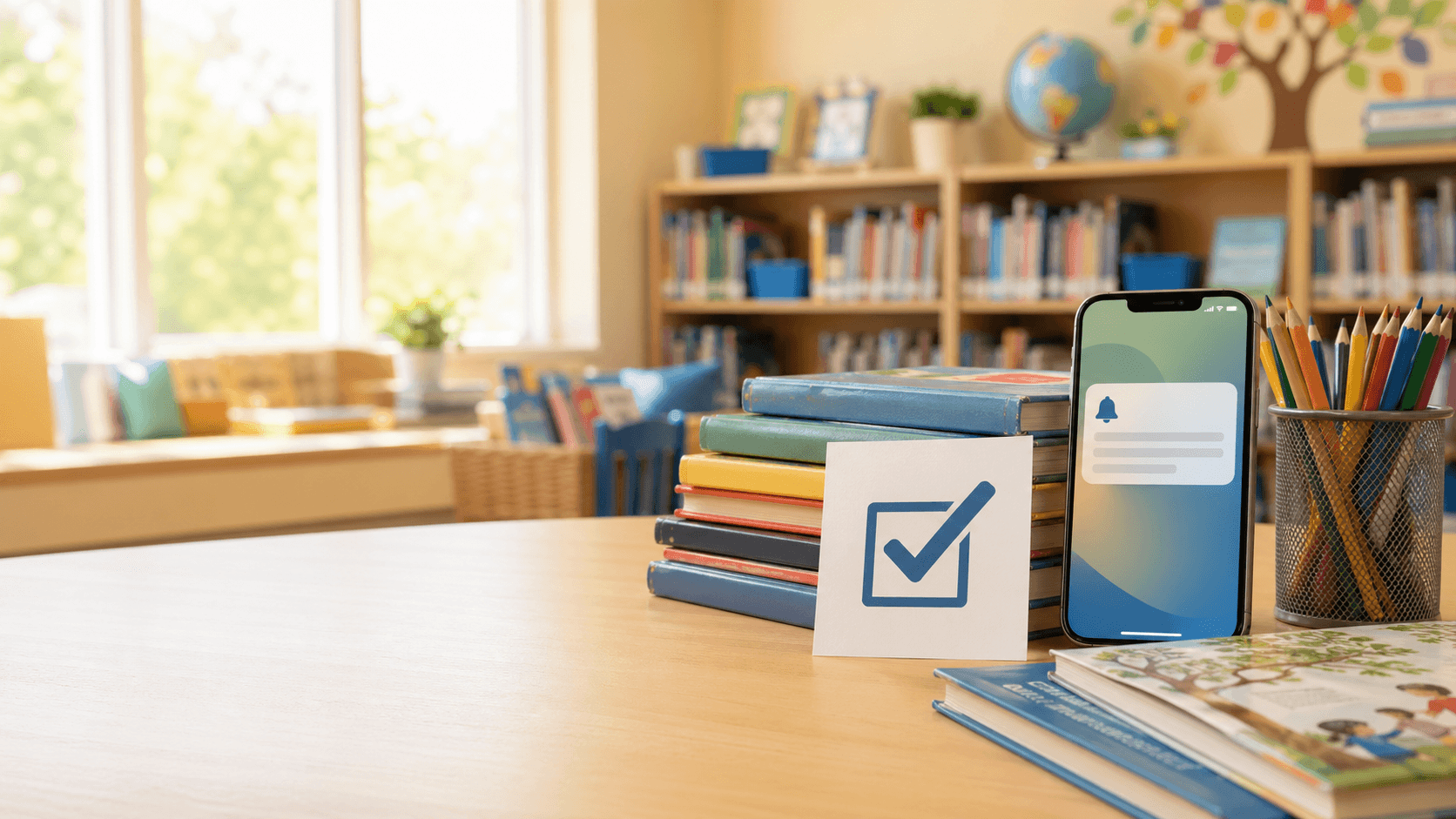 A bright school library table with books, a reminder phone, and a voting card.